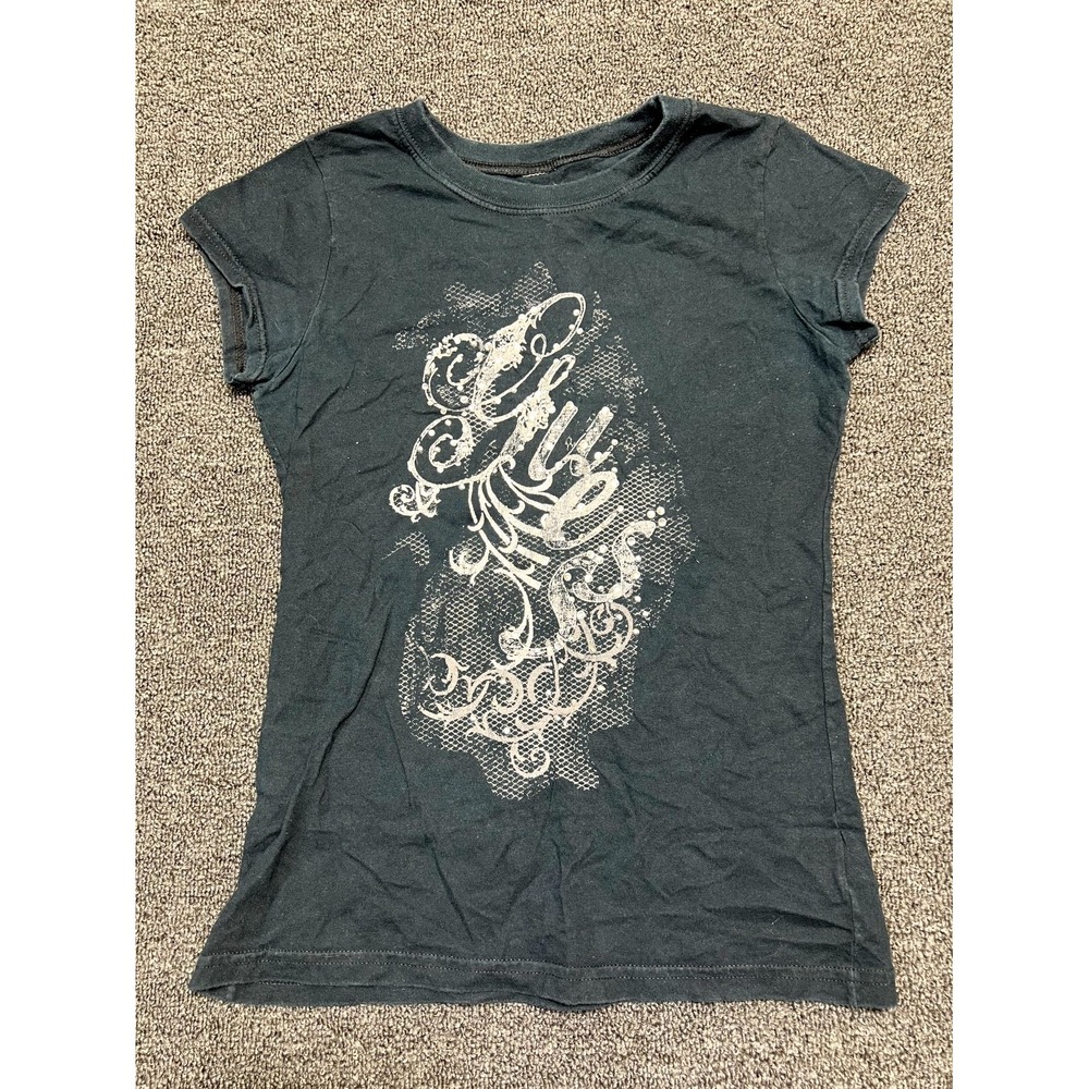 Guess T Shirt Women L (14) Black Beaded Graphic Print Short Sleeve Everyday Wear